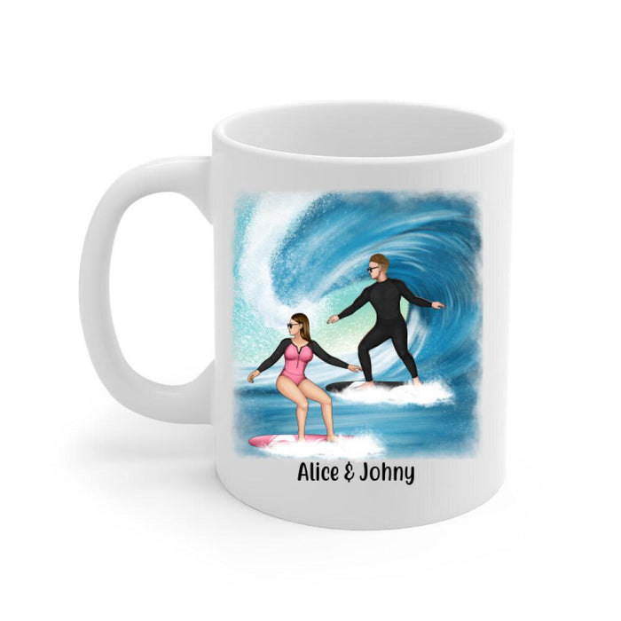 Personalized Mug, Surfing Couple Sideview Custom Gift For Surfers