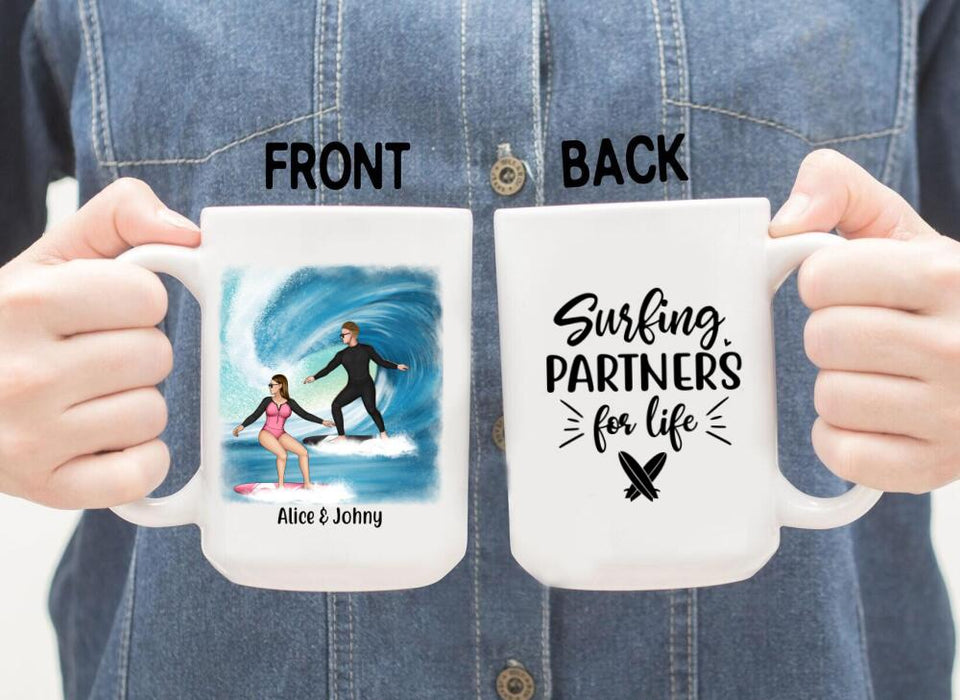 Personalized Mug, Surfing Couple Sideview Custom Gift For Surfers