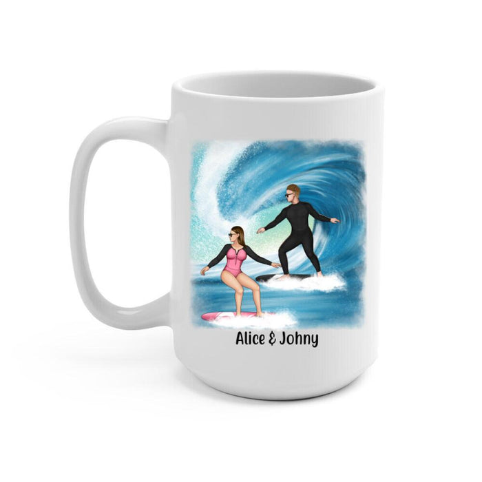 Personalized Mug, Surfing Couple Sideview Custom Gift For Surfers