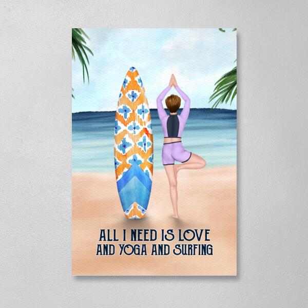 Personalized Canvas, Surfing Woman Doing Yoga, Gift for Surfing and Yoga Lovers