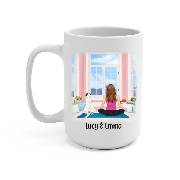 Personalized Mug, Yoga Girl With Pets, Custom Gift For Yoga, Dog And Cat Lovers