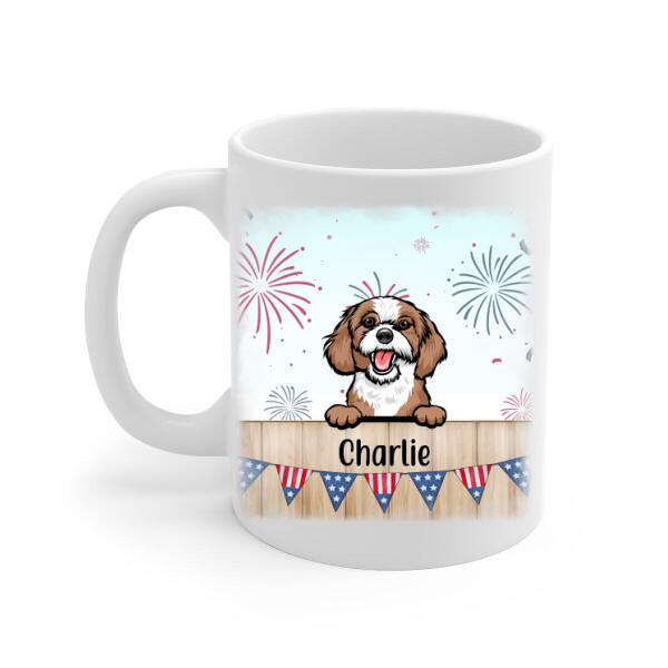 Personalized Mug, Cute Dog And Cat Peeking For 4th Of July, Custom Gift For Dog Lovers, Cat Lovers