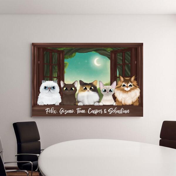 Personalized Landscape Canvas, Cats Peeking On Window, Up to 5 Cats, Gifts for Cat Lovers