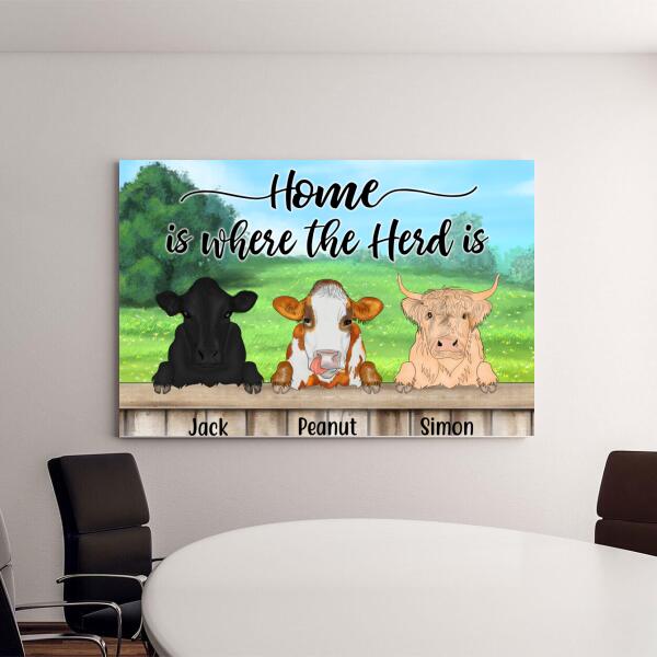 Personalized Canvas, Cow Peeking Home Is Where The Herd Is Custom Gift For Farmers