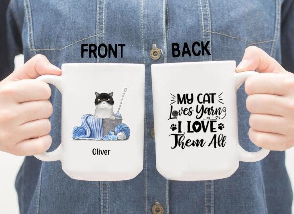 Personalized Mug, Cat and Yarn, Gift for Knitters, Crocheters & Cat Lovers