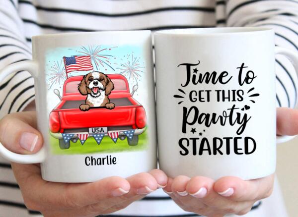 Personalized Mug, Cute Dog And Cat Peeking In Truck For 4th Of July, Custom Gift For Dog Lovers, Cat Lovers