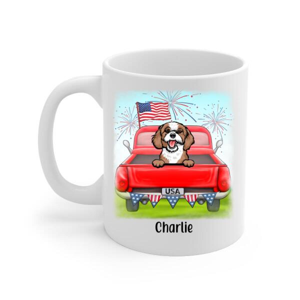 Personalized Mug, Cute Dog And Cat Peeking In Truck For 4th Of July, Custom Gift For Dog Lovers, Cat Lovers