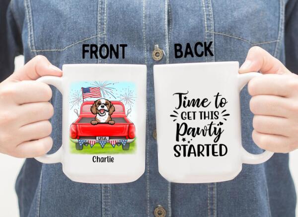 Personalized Mug, Cute Dog And Cat Peeking In Truck For 4th Of July, Custom Gift For Dog Lovers, Cat Lovers