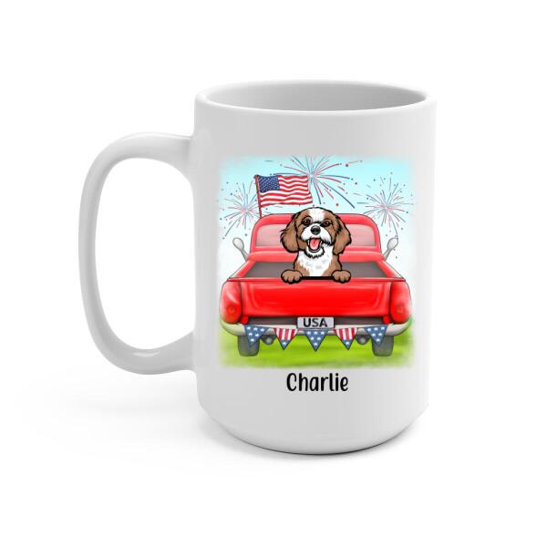 Personalized Mug, Cute Dog And Cat Peeking In Truck For 4th Of July, Custom Gift For Dog Lovers, Cat Lovers