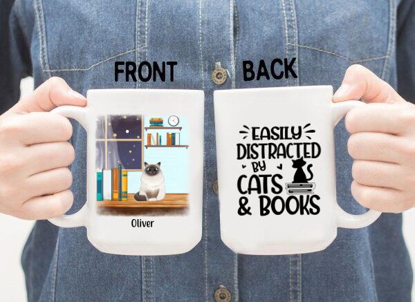 Easily Distracted by Cats and Books - Personalized Gifts Custom Book Mug for Cat Mom, Book Lovers