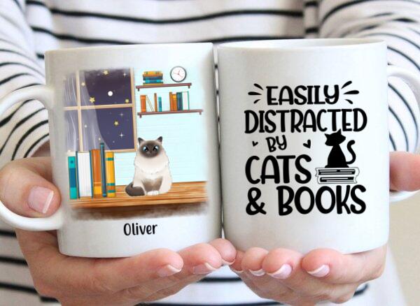 Easily Distracted by Cats and Books - Personalized Gifts Custom Book Mug for Cat Mom, Book Lovers