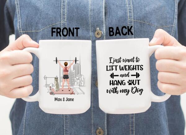 Personalized Mug, Girl Lifting Weight with Dogs, Gift for Fitness & Dog Lovers