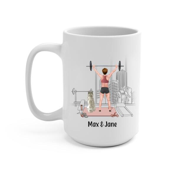 Personalized Mug, Girl Lifting Weight with Dogs, Gift for Fitness & Dog Lovers