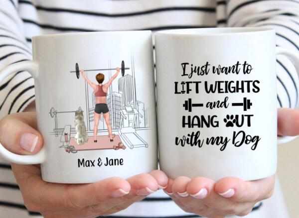 Personalized Mug, Girl Lifting Weight with Dogs, Gift for Fitness & Dog Lovers