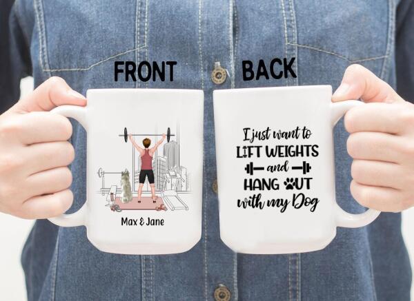 Personalized Mug, Girl Lifting Weight With Dogs, Gift for Fitness Lovers, Dog Lovers