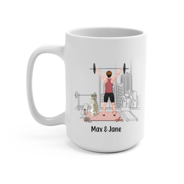 Personalized Mug, Girl Lifting Weight With Dogs, Gift for Fitness Lovers, Dog Lovers