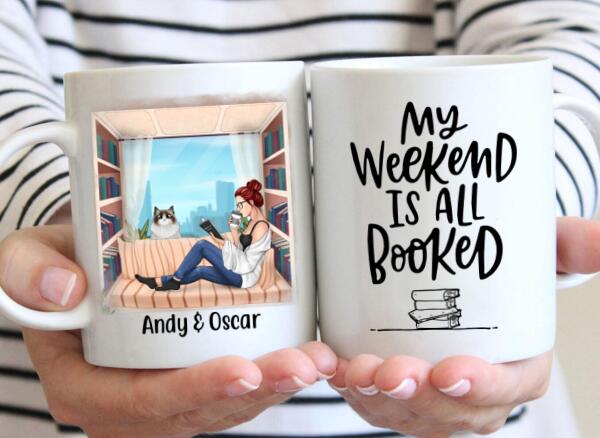 Personalized Mug, Woman Reading Book With Pet Custom Gift For Cat Dog Lovers