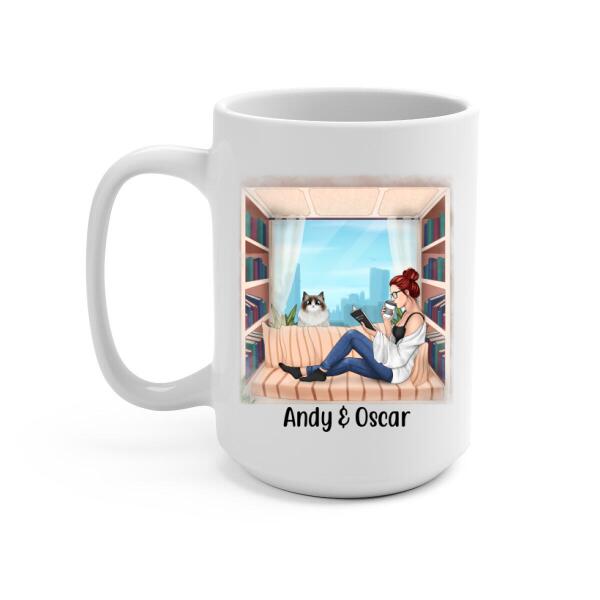 Personalized Mug, Woman Reading Book With Pet Custom Gift For Cat Dog Lovers