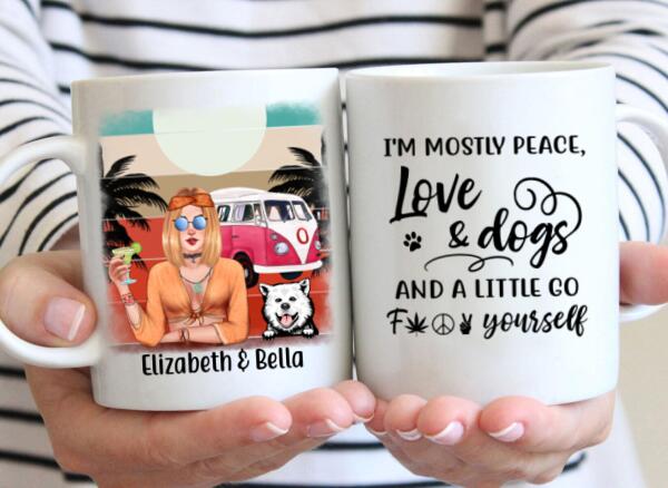 Personalized Mug, Hippie Girl and Dogs Custom Gift For Dog and Hippie Lovers