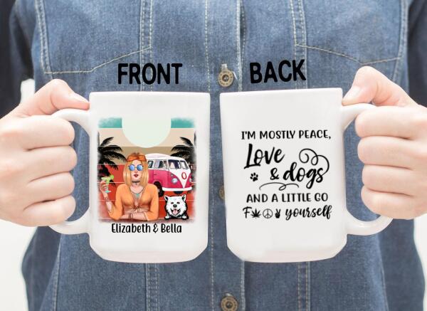 Personalized Mug, Hippie Girl and Dogs Custom Gift For Dog and Hippie Lovers