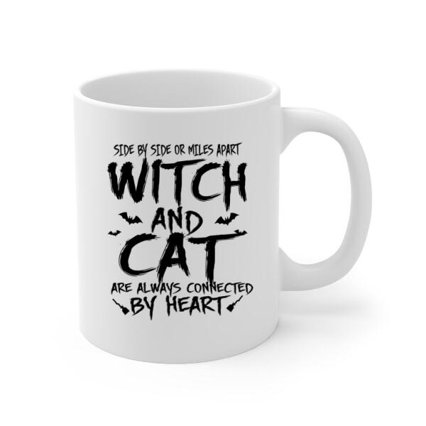 Personalized Mug, Witch And Cats Connected By Heart - Halloween Gift For Cat Lovers