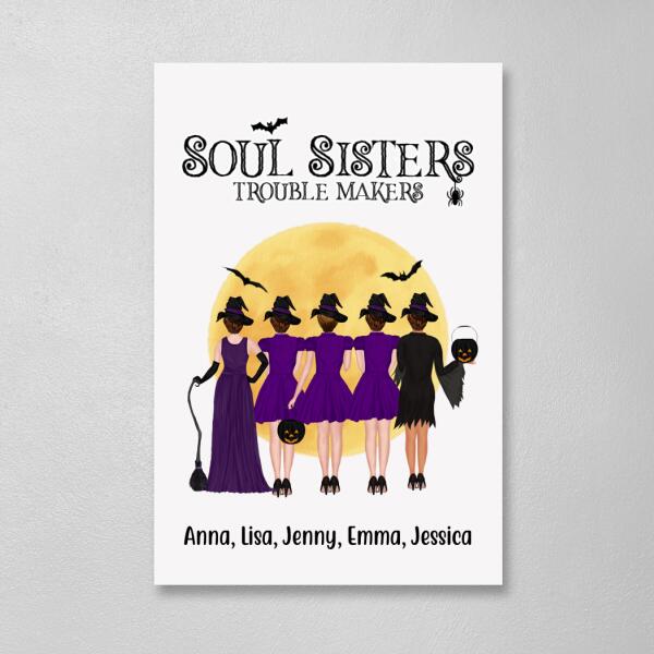 Personalized Canvas, Up To 5 Girls, Soul Sisters Trouble Makers - Halloween Gift, Gift For Sister, Best Friends