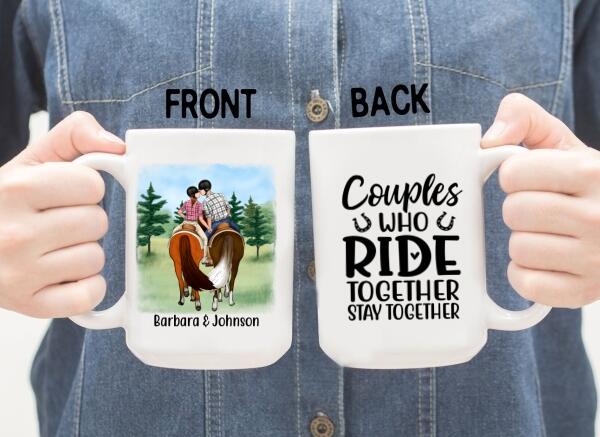 Personalized Mug, Horseback Riding Couple Holding Hand - Couples Who Ride Together Stay Together, Gift For Horse Lovers