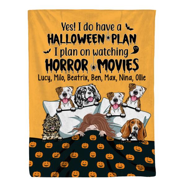 Personalized Blanket, Up To 6 Dogs, Sleeping Girl With Dogs, Yes I Do Have A Halloween Plan, Halloween Gift For Dog Lovers