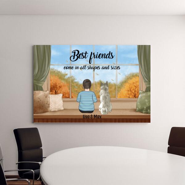 Personalized Canvas, Kid and Pet Sitting By Window, Gift for Kids, Gift for Son, Daughter