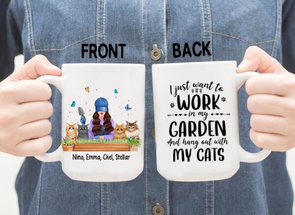 Personalized Mug, I Just Want To Work In My Garden And Hang Out With My Cats, Gift For Gardeners And Cat Lovers