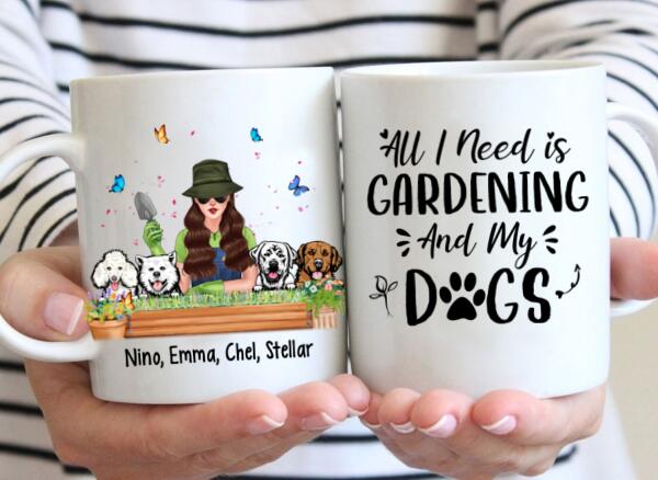 Personalized Mug, Garden Girl And Dogs, Gift For Gardeners And Dog Lovers