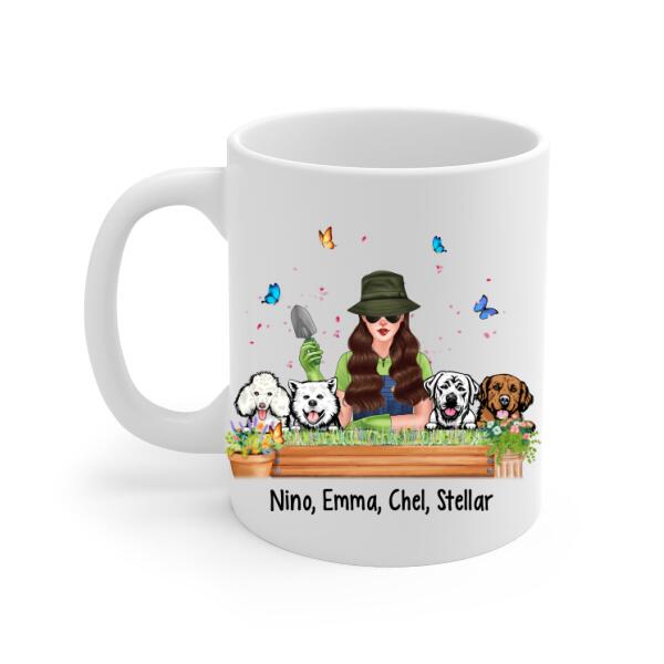 Personalized Mug, Garden Girl And Dogs, Gift For Gardeners And Dog Lovers