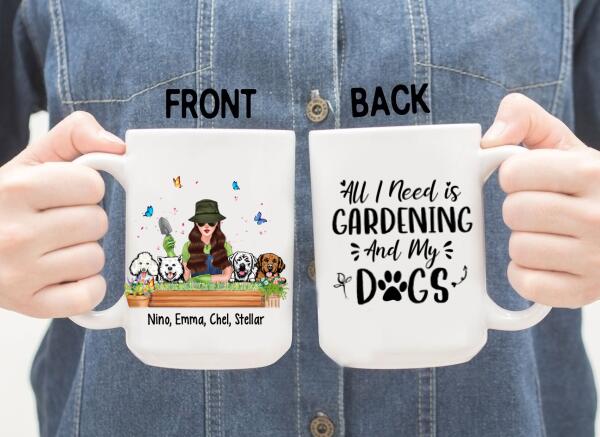 Personalized Mug, Garden Girl And Dogs, Gift For Gardeners And Dog Lovers