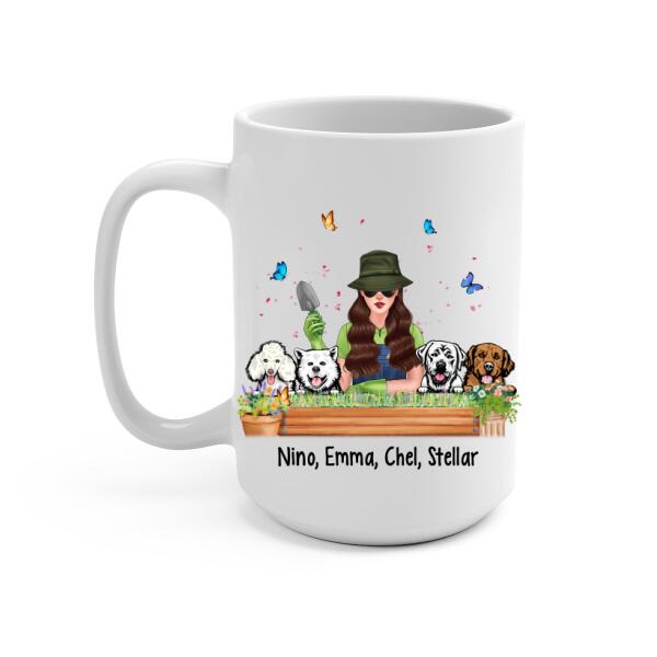 Personalized Mug, Garden Girl And Dogs, Gift For Gardeners And Dog Lovers