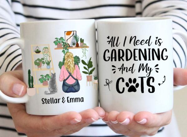 Personalized Mug, A Girl Gardening With Cats, Gift For Gardeners And Cat Lovers