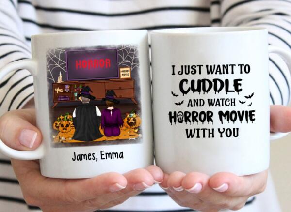 Personalized Mug, Cuddle And Watch Horror Movies Couple, Gifts For Halloween, Gifts For Couple