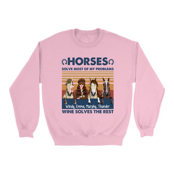 Personalized Shirt, Up To 3 Horses, Horses Solve Most Of My Problems Wine Solves The Rest, Gifts For Horse Lovers