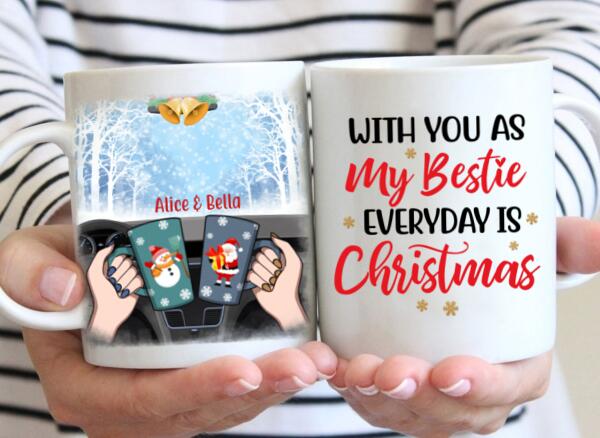 Personalized Mug, Besties Drinking Inside Car For Christmas, Christmas Gift for Besties, Sisters, Best Friends