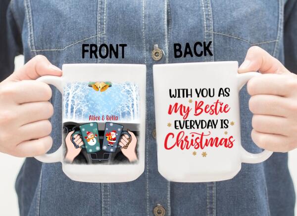 Personalized Mug, Besties Drinking Inside Car For Christmas, Christmas Gift for Besties, Sisters, Best Friends