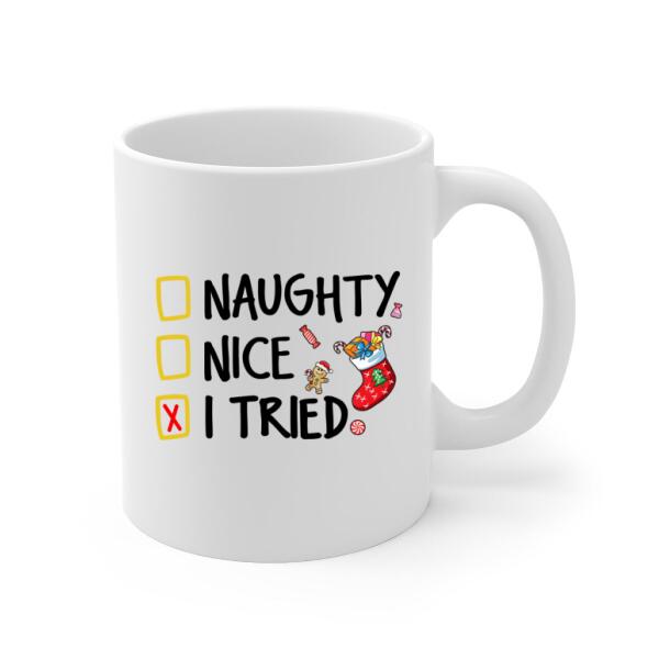 Personalized Mug, Naughty Nice I Tried, Christmas Kid With Wreath, Christmas Gift For Kids, Grandsons And Granddaughters