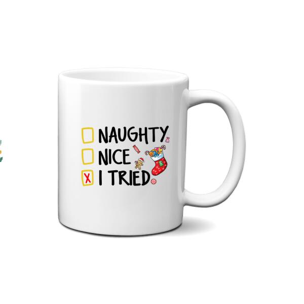 Personalized Mug, Naughty Nice I Tried, Christmas Kid With Wreath, Christmas Gift For Kids, Grandsons And Granddaughters