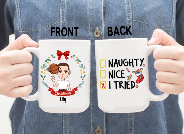 Personalized Mug, Naughty Nice I Tried, Christmas Kid With Wreath, Christmas Gift For Kids, Grandsons And Granddaughters