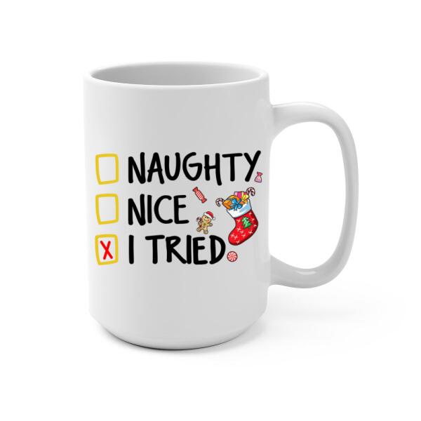 Personalized Mug, Naughty Nice I Tried, Christmas Kid With Wreath, Christmas Gift For Kids, Grandsons And Granddaughters