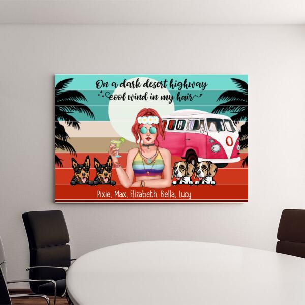 Personalized Landscape Canvas, Hippie Girl with Dogs Custom Gift For Dog and Hippie Lovers