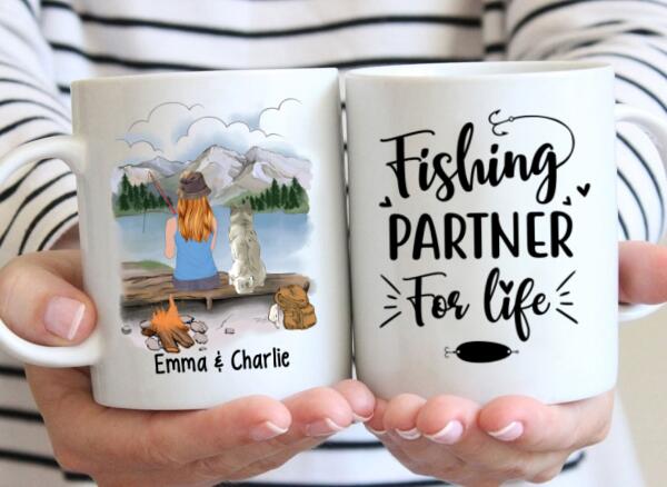 Personalized Mug, Fishing Woman With Dogs, Gift For Fishers And Dog Lovers