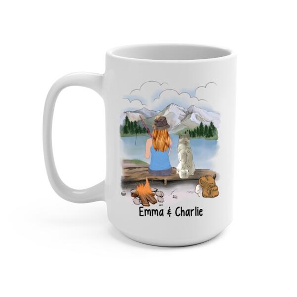 Personalized Mug, Fishing Woman With Dogs, Gift For Fishers And Dog Lovers