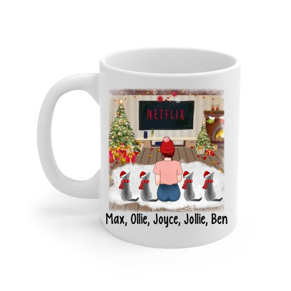 Personalized Mug, Christmas Girl And Cats, Gift For Cat Lovers