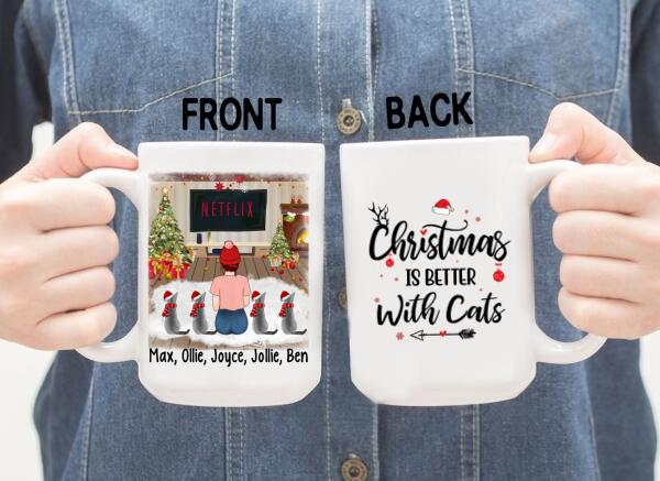 Personalized Mug, Christmas Girl And Cats, Gift For Cat Lovers