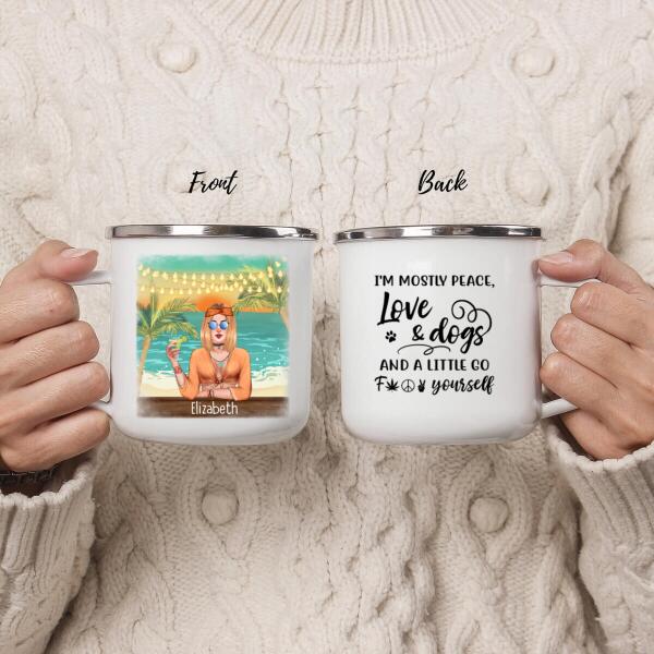 Personalized Mug, Hippie Girl with Dogs On The Beach, Gifts For Hippie and Dog Lovers