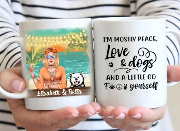 Personalized Mug, Hippie Girl with Dogs On The Beach, Gifts For Hippie and Dog Lovers